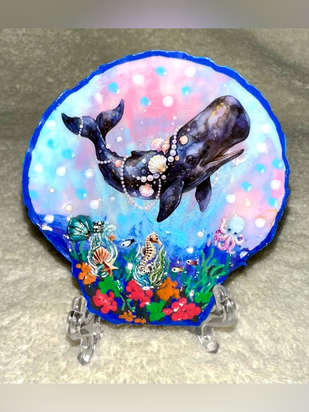 Handmade Double Sided Painted Whale Beach Shell Art Decor